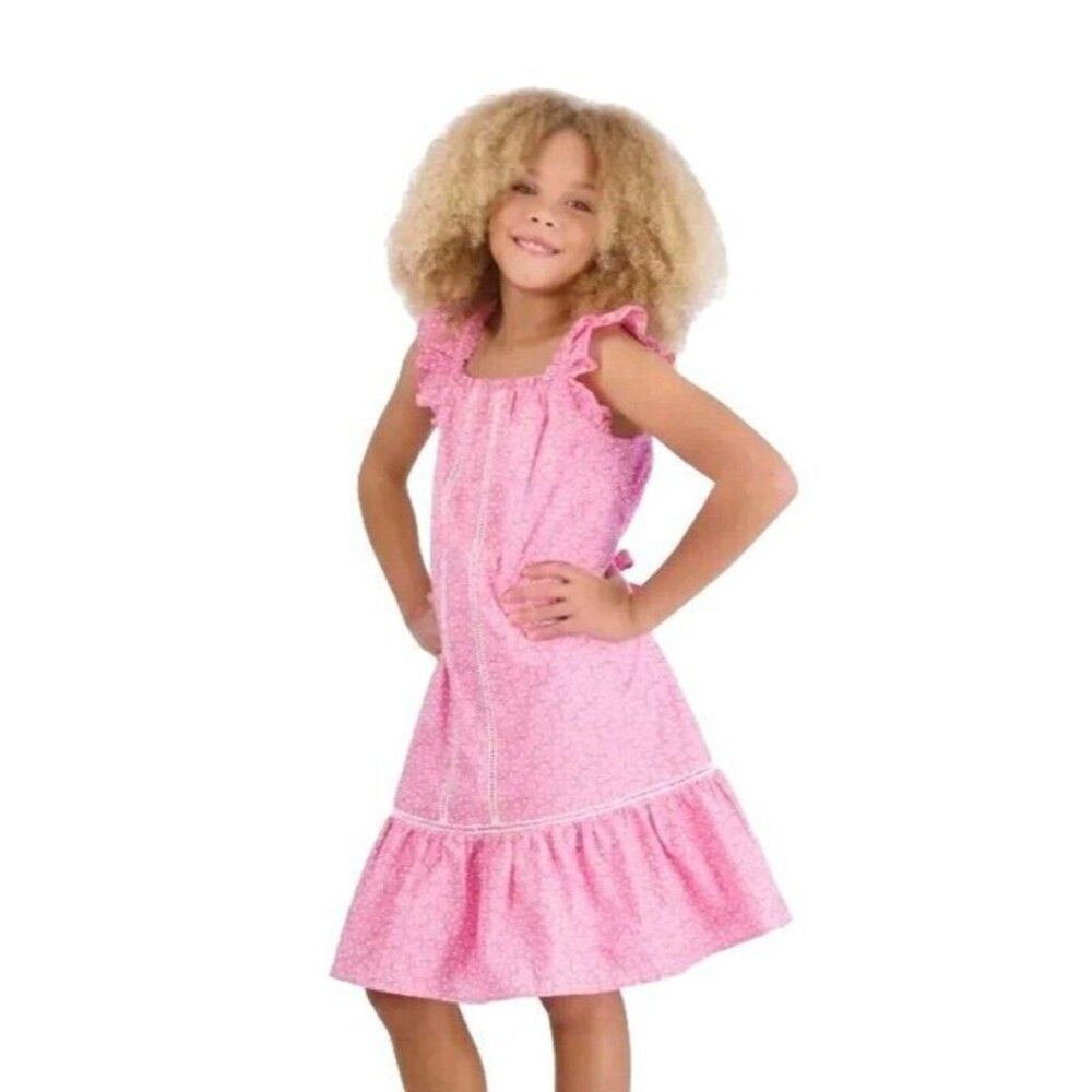 French Connection Youth Girl's Cotton Dress Floral Pink Ruffle, Size L (14/16)
